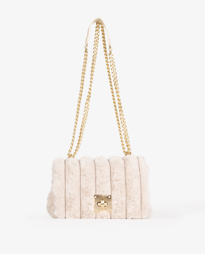 BEIGE FAUX FUR FLAP BAG