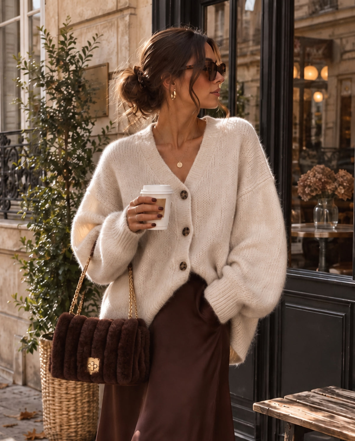 BROWN FAUX FUR FLAP BAG